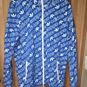 Adidas Jacket Mens L Blue Windbreaker Hooded Trefoil Y2K All Over Print Sharp